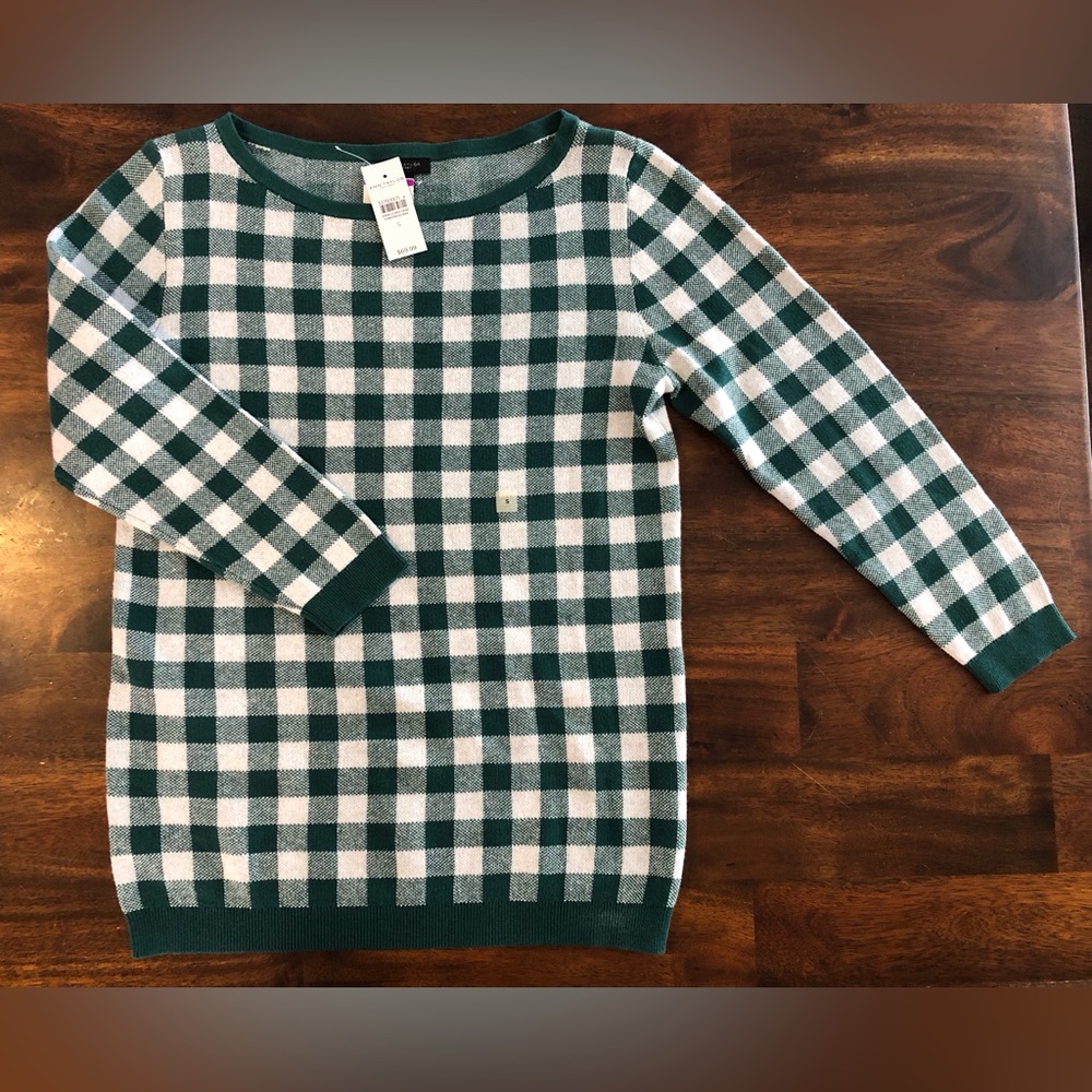 Ann Taylor Factory Small Green & White Checked Sweater